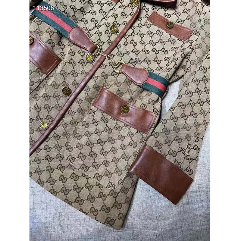 Gucci Women GG Canvas Jacket Web Belt Cotton Camel Ebony Point Collar