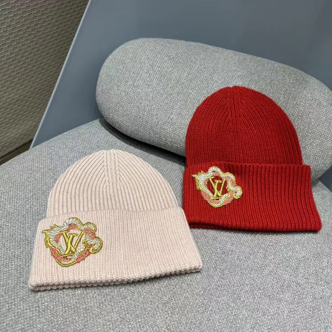Louis Vuitton Unisex Precious Dragon Beanie Pink Wool Coiled Dragon Patch LV Signature
