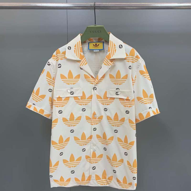 Gucci GG Women Adidas x Gucci Trefoil Print Bowling Shirt Yellow Fully Lined Viscose