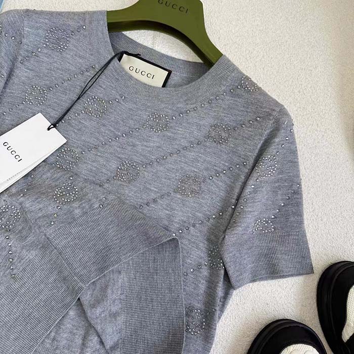 Gucci Women GG Cashmere Crewneck Interlocking G Grey Diagonal Stripe Crystals