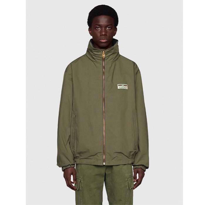 Gucci Men GG Lightweight Canvas Jacket Olive Green Nylon Interlocking G