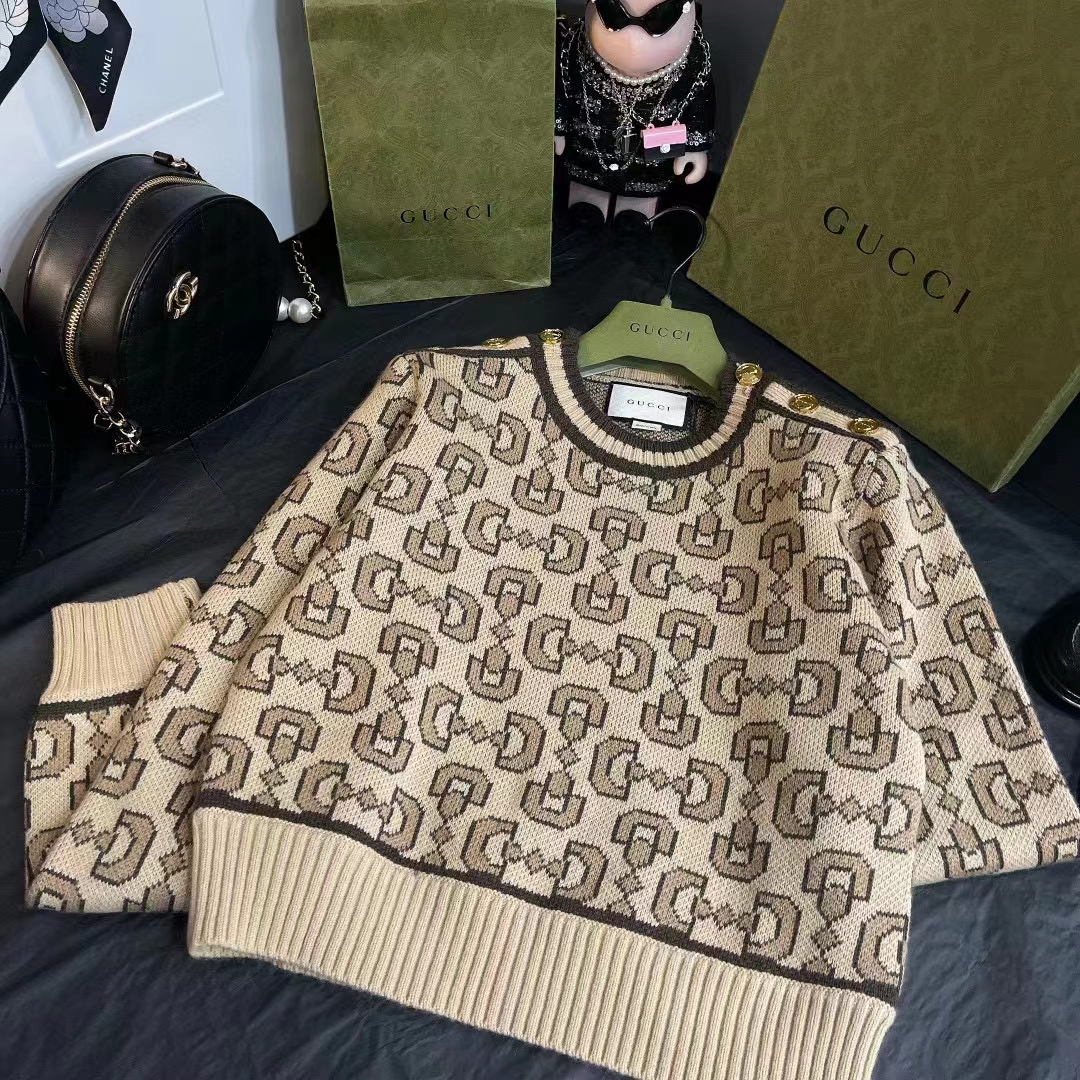 Gucci Women GG Horsebit Cashmere Jacquard Sweater Camel Brown Wool Crewneck