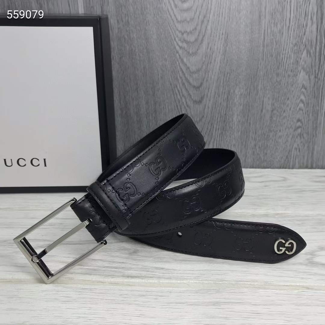 Gucci Unisex Black Signature Belt GG Detail Square Buckle 3.8 CM Width