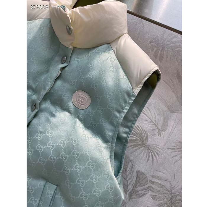 Gucci Women GG Cotton Canvas Padded Gilet Light Blue High Neck Interlocking G Sleeveless