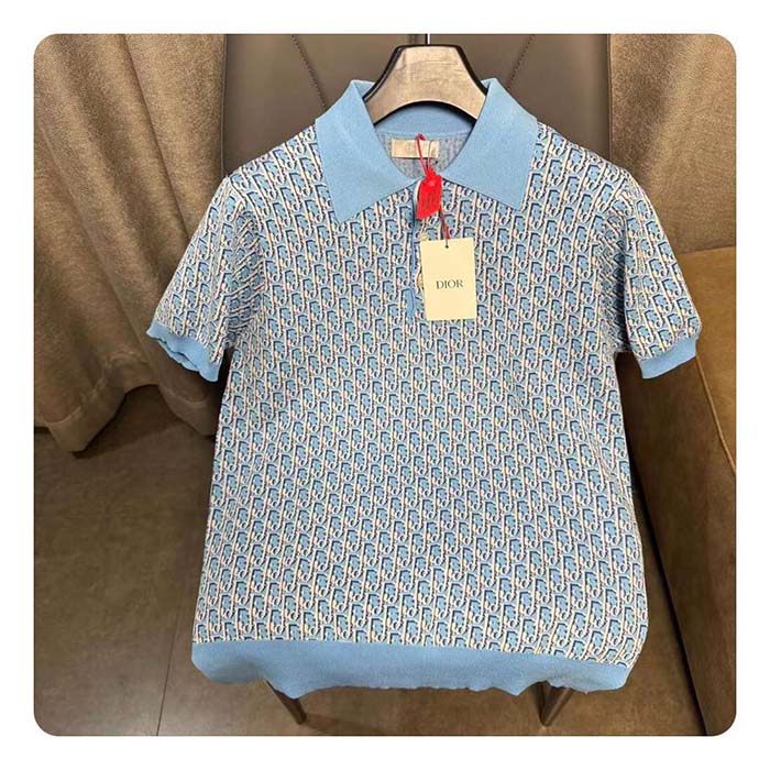 Dior CD Women Oblique Polo Shirt White Blue Cotton Jacquard