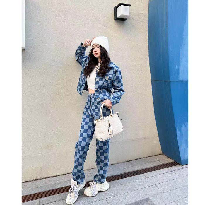 Louis Vuitton Women LV Damier Jeans Skirt Cotton Blue Regular Fit 1AFGNR