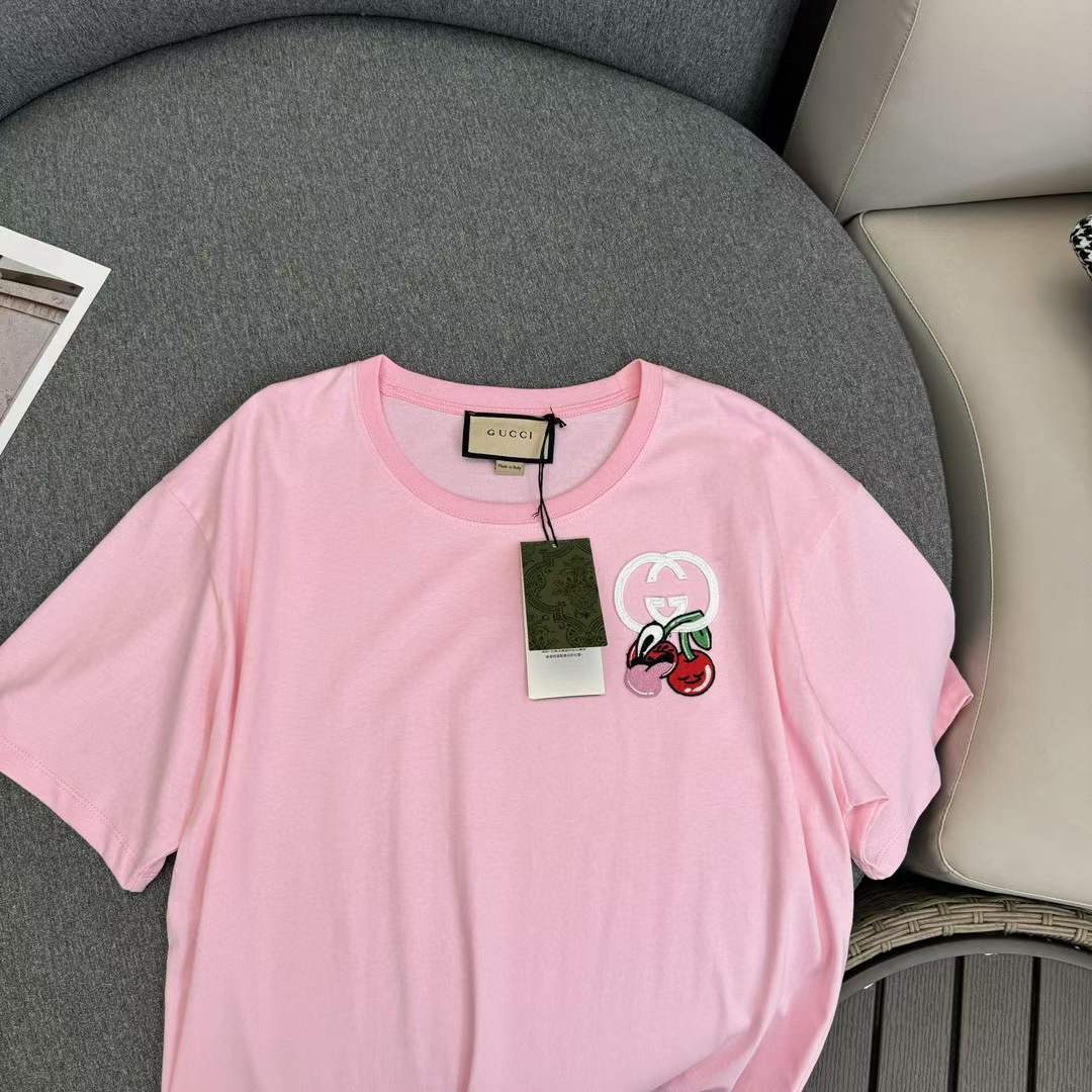 Gucci GG Men Cotton Jersey T-Shirt Patch Pink Crewneck Short Sleeves