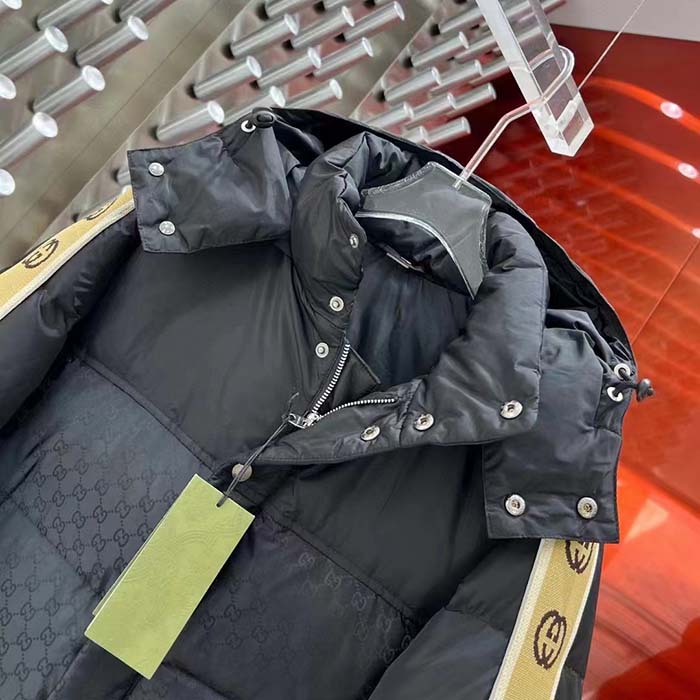 Gucci Women GG Black Jacquard Nylon Padded Coat Camel Brown Interlocking G Stripe Down Goose Feather