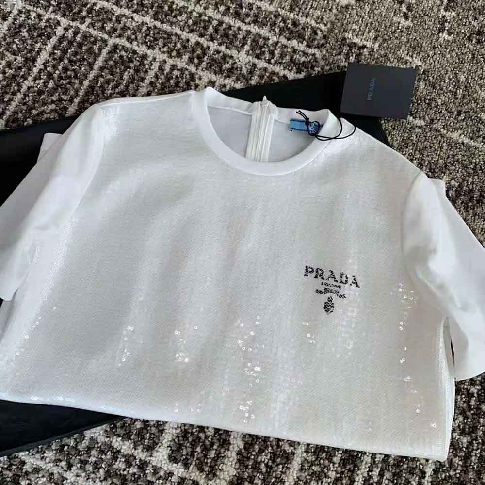 Prada Women Embroidered Cotton T-shirt-White