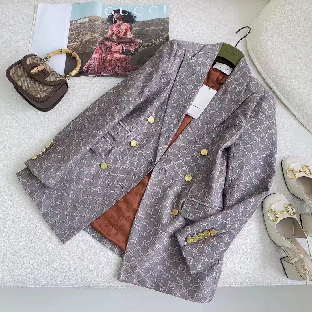 Gucci Women GG Cotton Canvas Jacket Grey Pink Lined Point Revers Double Breasted Fitted Waist