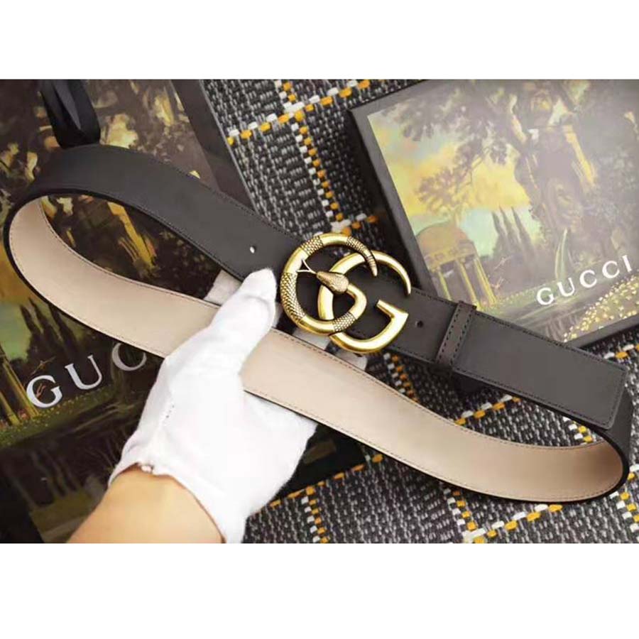Gucci Unisex Leather Belt with Double G Buckle with Snake in Black Leather