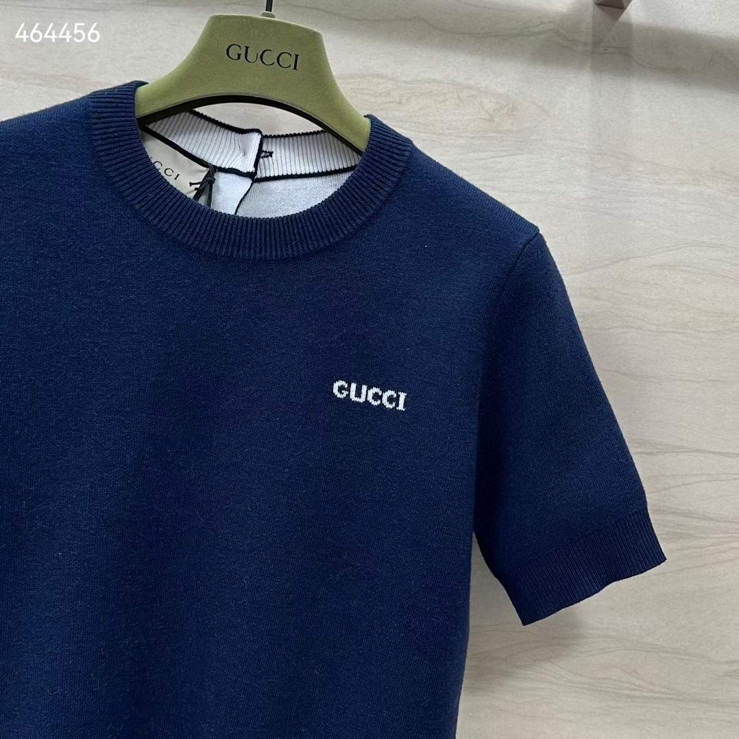 Gucci GG Women Wool Top Gucci Intarsia Navy Crewneck Short Sleeves