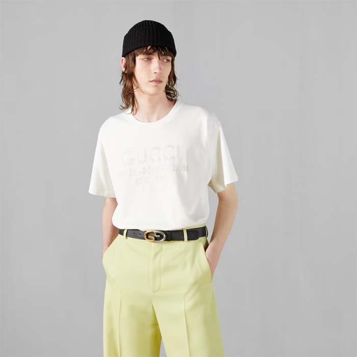 Gucci Men GG Cotton Jersey T-Shirt Off White Heavy Cities Embroidery Crewneck Short Sleeves Oversize Fit