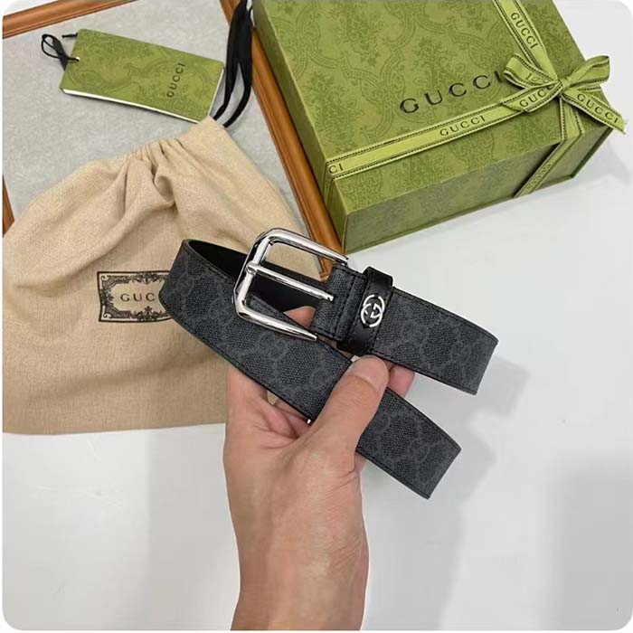 Gucci GG Unisex Belt Interlockig G Black GG Supreme Canvas Leather Square Buckle