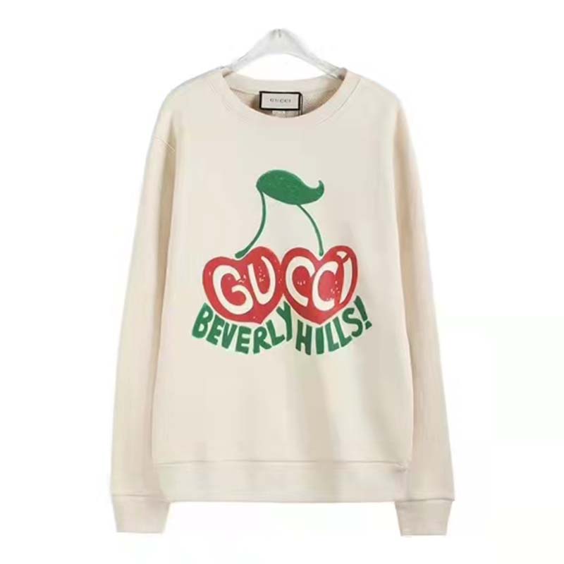Gucci Women Beverly Hills Cherry Print Sweatshirt Cotton Jersey Crewneck Puff Sleeves-White