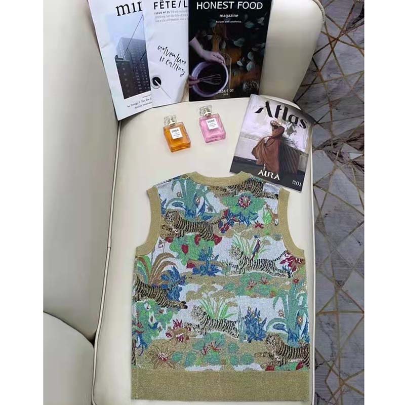 Gucci Women GG Tiger Jacquard Vest Gold Green Tiger Flower Extra Fine Lurex Crewneck