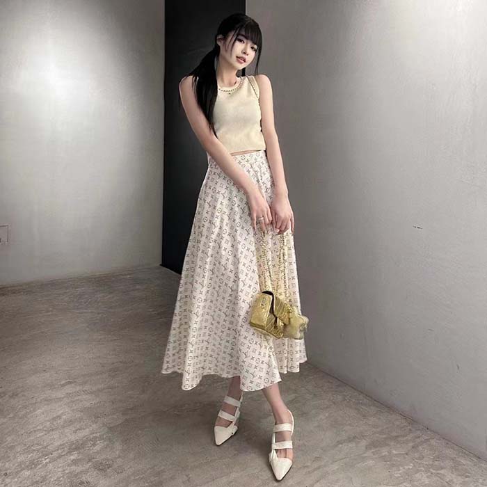 Louis Vuitton Women LV Monogram Midi Skirt Silk Beige 1AFOJN