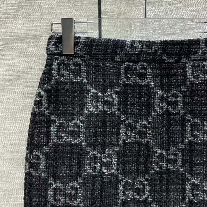Gucci Women GG Tweed Skirt Dark Grey Lined Fitted Waistband Two Side Pockets Mini Length Style ‎774516 ZAPA4 1074