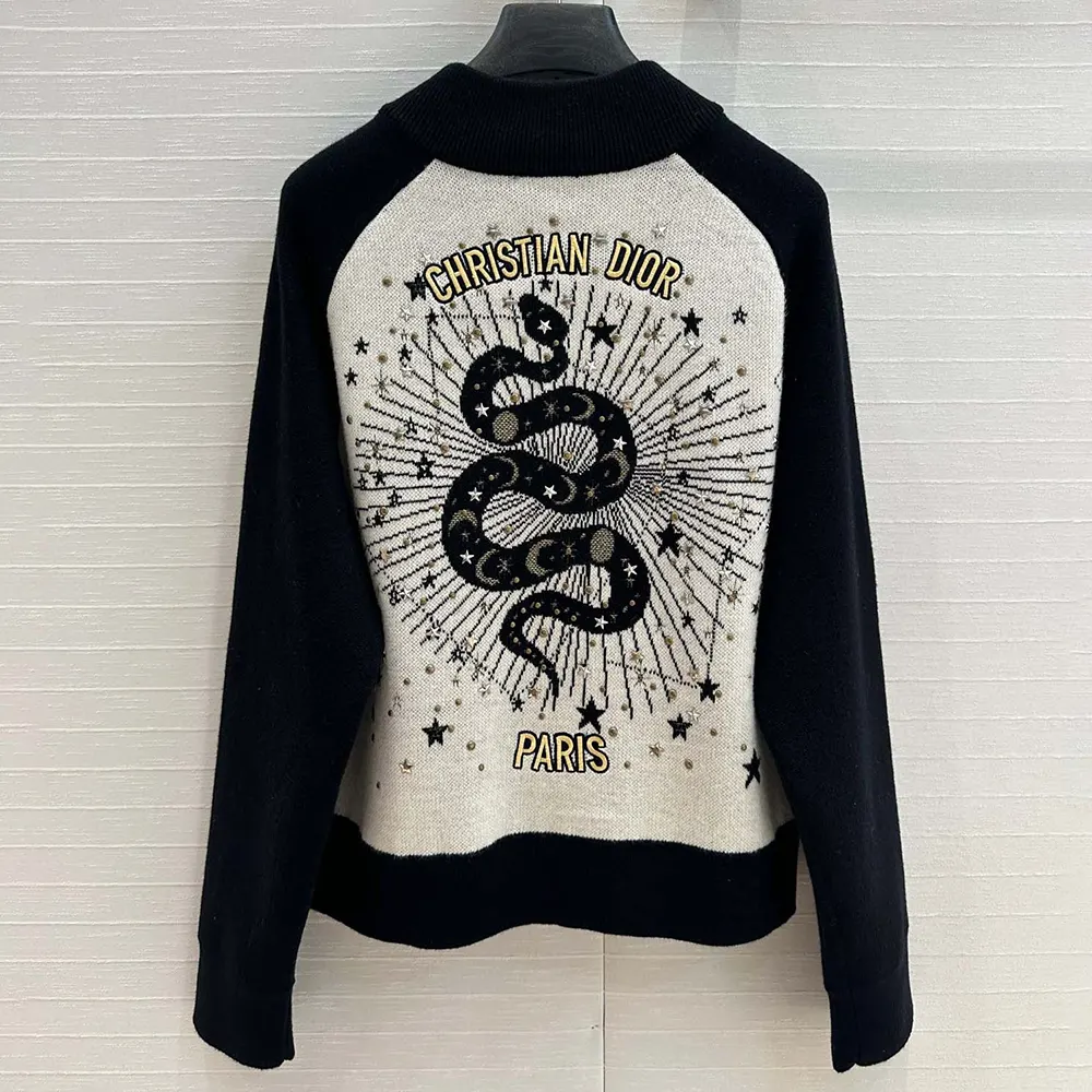 Dior Men Bomber Jacket Black and White Cashmere-Blend Knit with Multicolor Dior Astral Motif