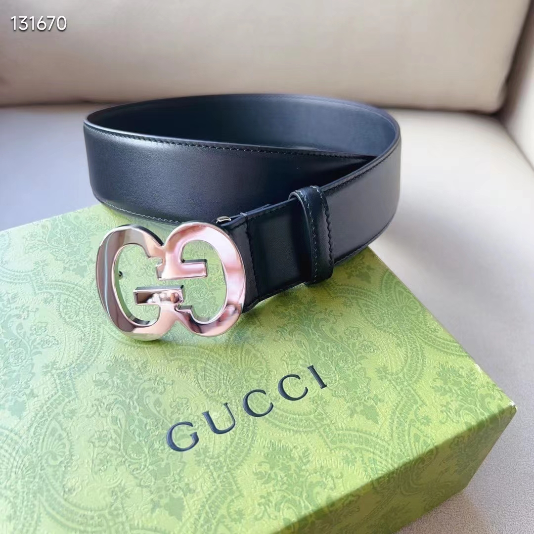 Gucci GG Unisex Buckle Wide Belt Black Leather Double G 4 CM Width