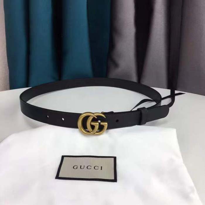 Gucci Unisex GG Marmont Thin Leather Belt Shiny Double G Buckle Black Leather 2 CM Width