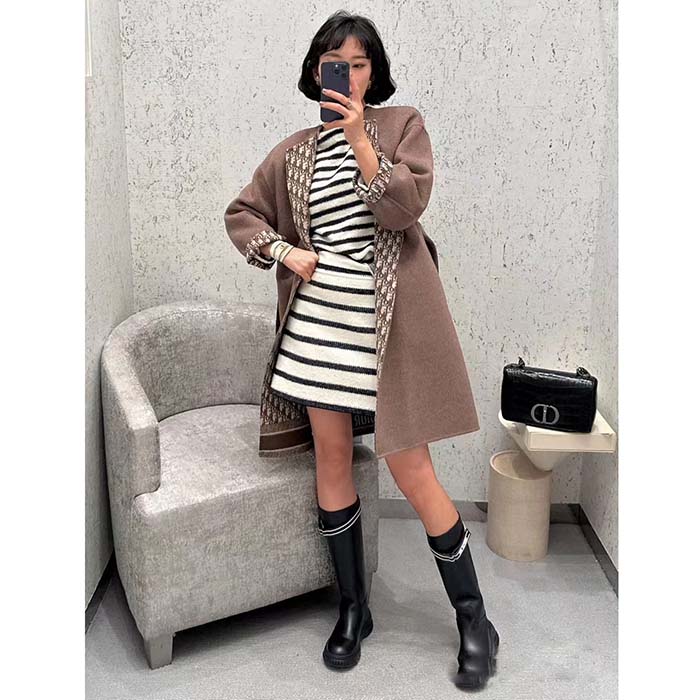Dior Women CD Coat with Belt Brown Double-Sided Wool Dior Oblique Interior