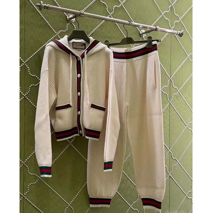 Gucci Women GG Rib Wool Pant Web Elastic Waist Drawstring Elastic Leg Cuffs