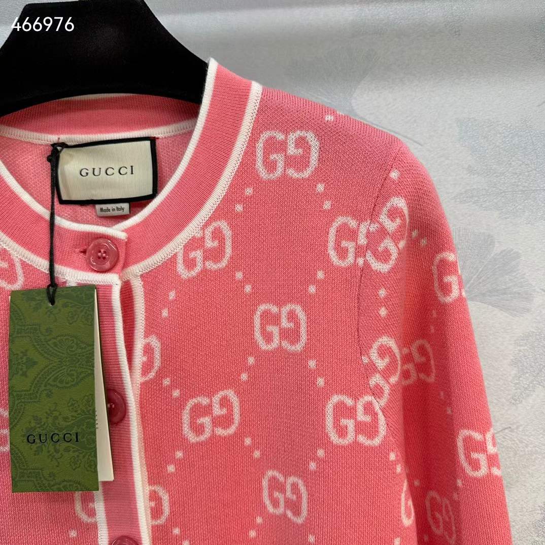 Gucci Women GG Cotton Jacquard Cardigan Pink Crewneck Long Sleeves