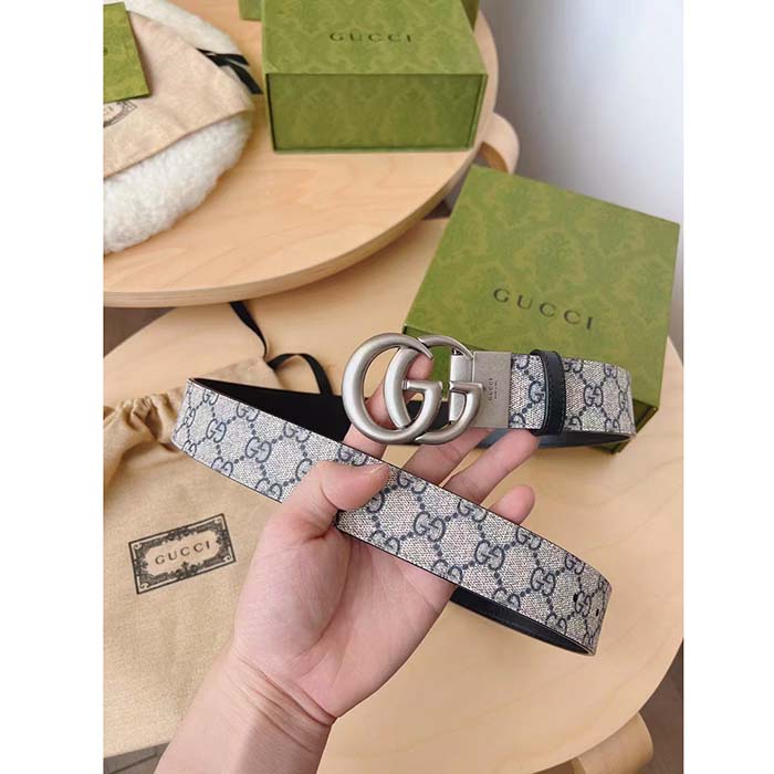 Gucci Unisex GG Marmont Reversible Belt Beige Blue GG Supreme Canvas Double G Buckle