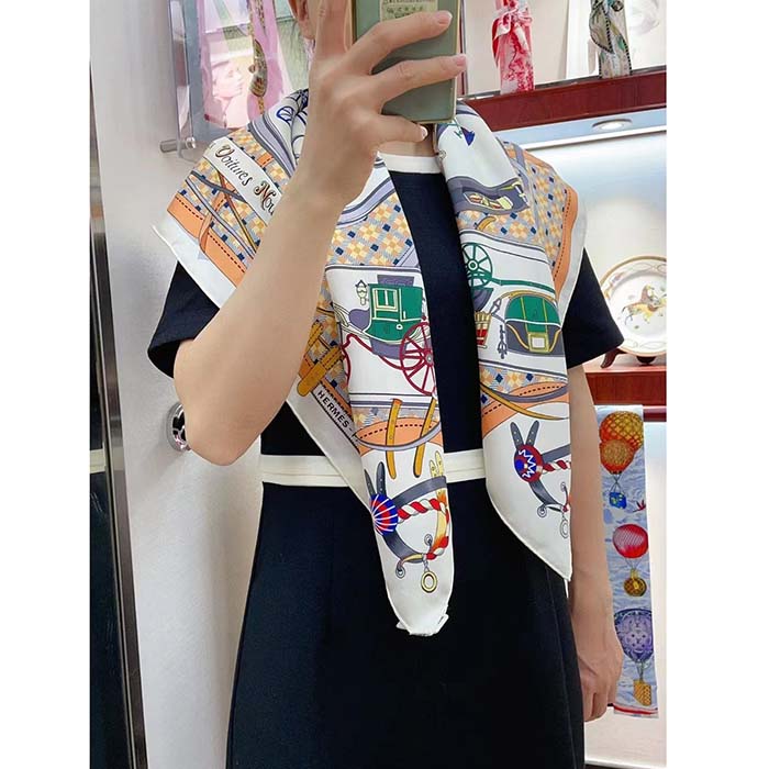 Hermes Women Les Voitures Nouvelles Scarf 70 Silk Brown Multicolore