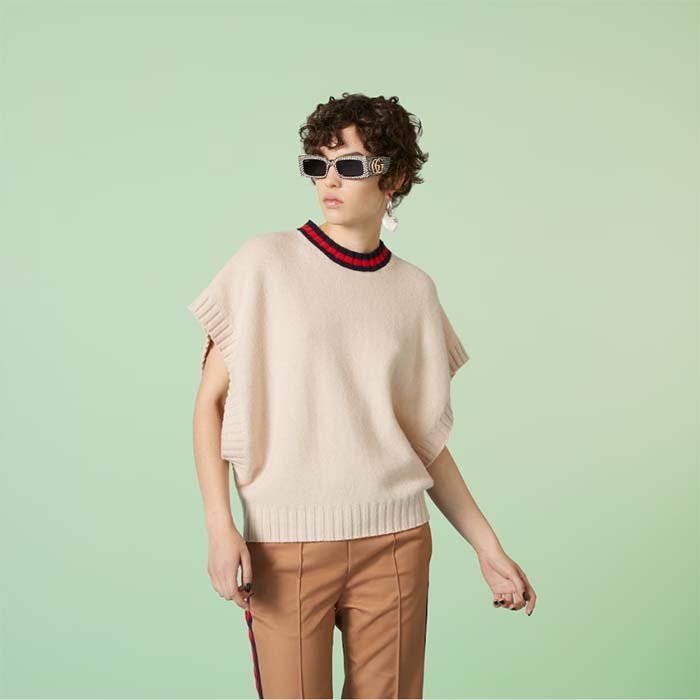 Gucci Women GG Wool Sweater Interlocking G Crewneck Web Stripe Wide Armhole Sleeveless
