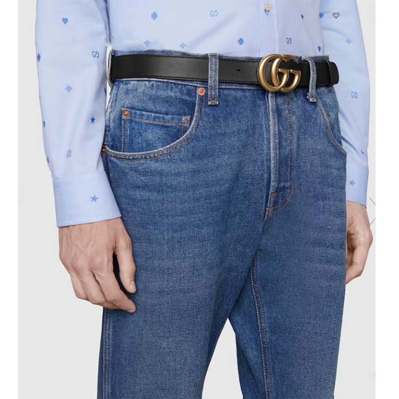 Gucci Unisex Slim Leather Belt Double G Buckle Black Leather 3 cm Width