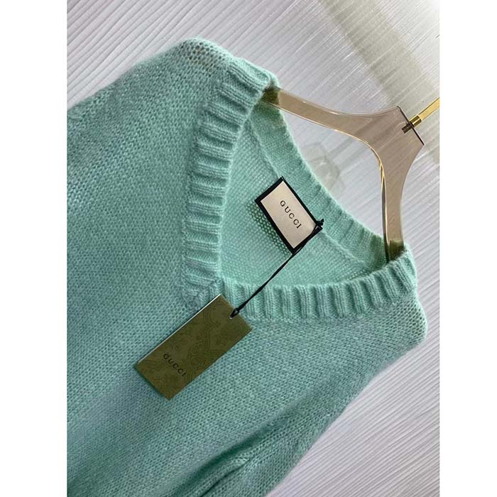 Gucci Women GG Wool Mohair Sweater Crystal G Blue V-Neck Dropped Shoulder Long Sleeves
