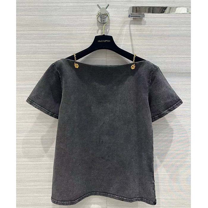 Louis Vuitton LV Women Bateau Neck T-Shirt Cotton Metal Grey Regular Fit