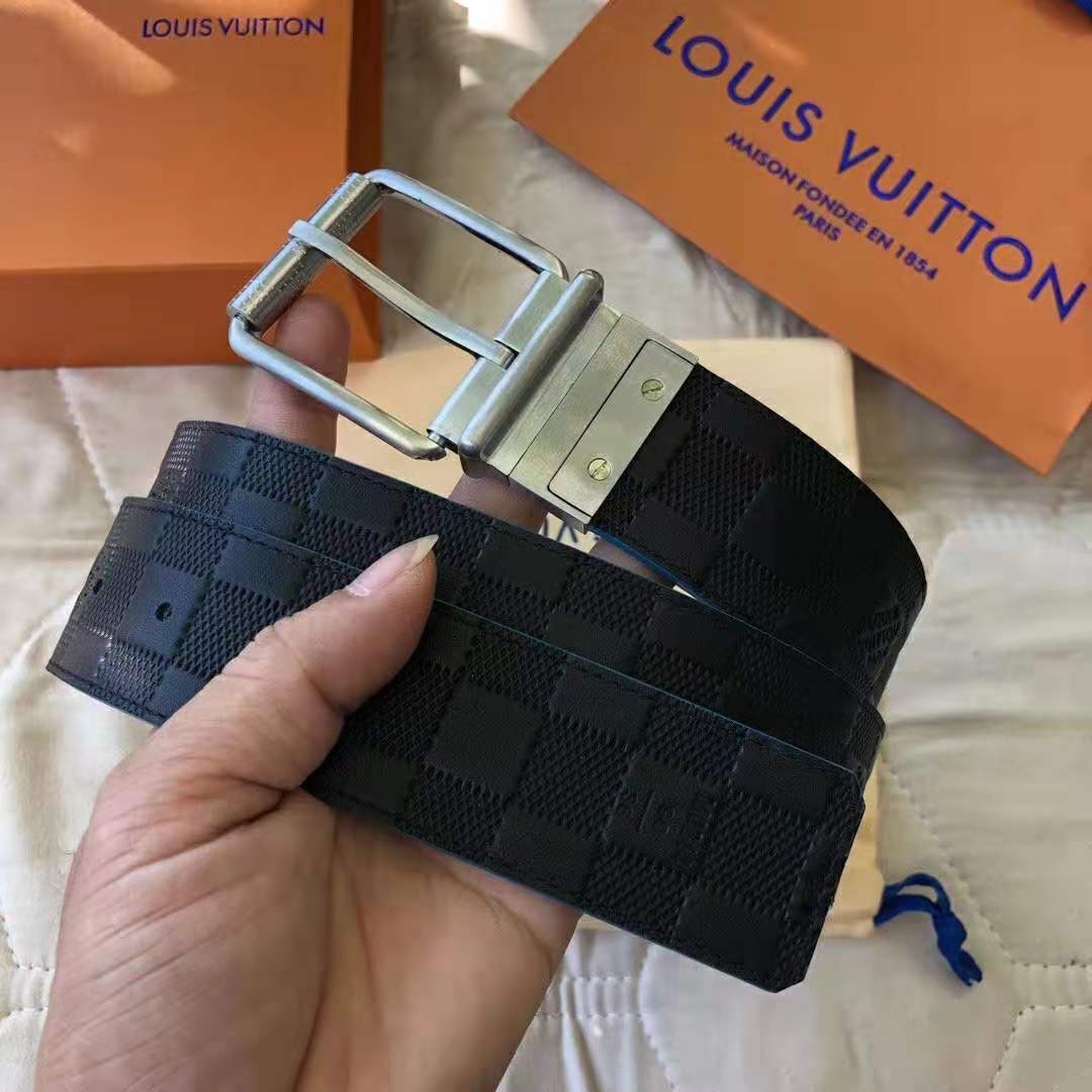 Louis Vuitton LV Unisex Damier Print 40mm Reversible Belt in Damier Canvas-Blue