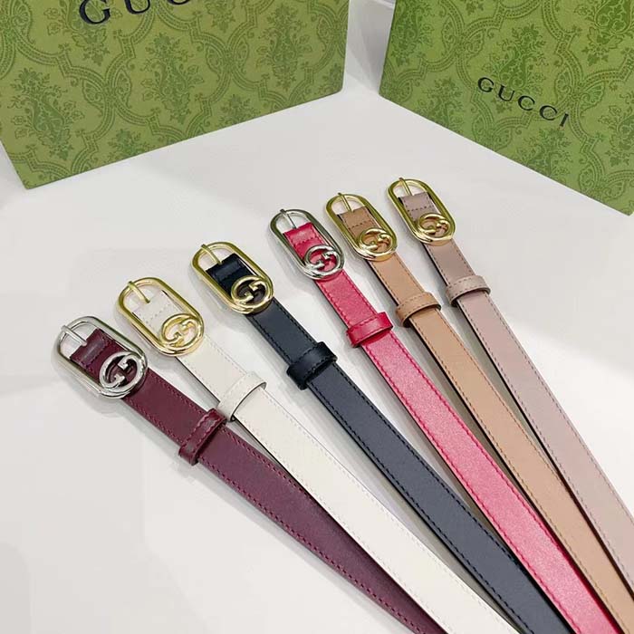 Gucci GG Unisex Thin Belt Mini Round Interlocking G White Leather 1.5 CM Width