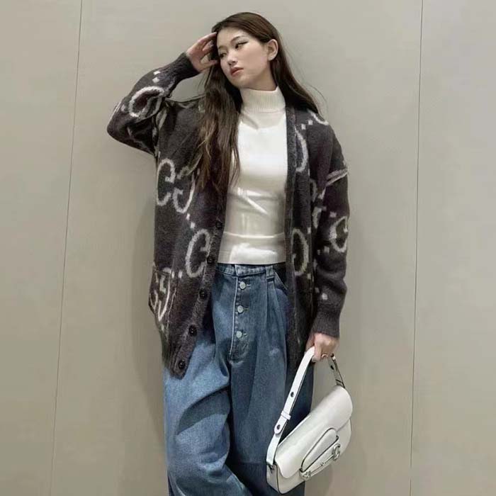 Gucci Women Reversible GG Mohair Cardigan Wool V-Neck Front Pockets