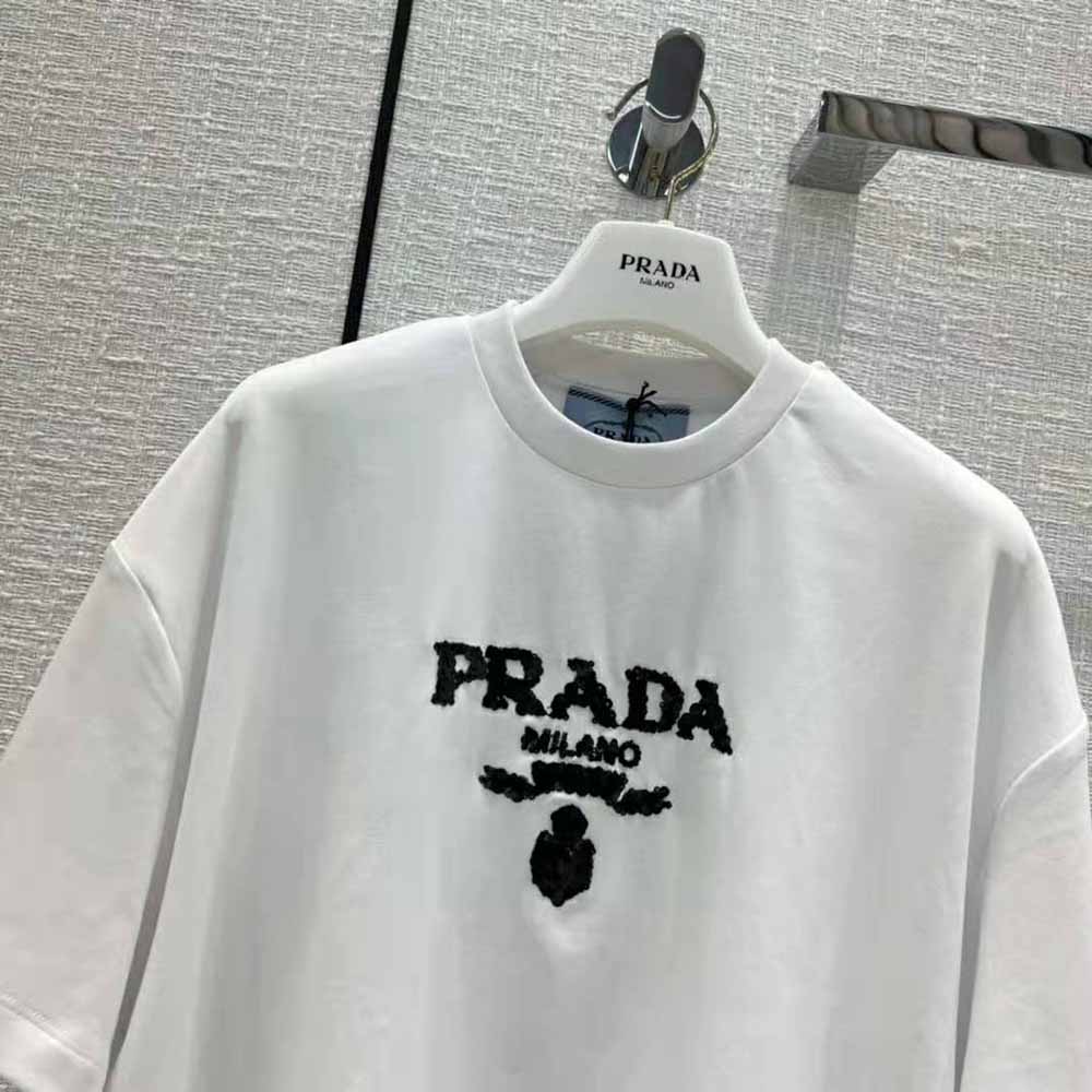 Prada Women Embroidered Interlock Crop T-shirt-White