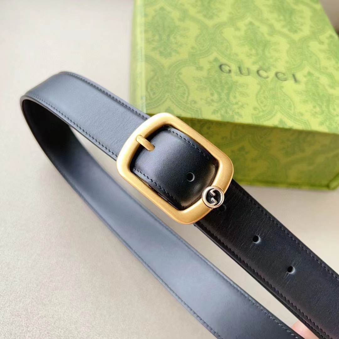 Gucci Unisex GG Belt Rectangular Buckle Black Leather Antique Brass Hardware 3 CM Width