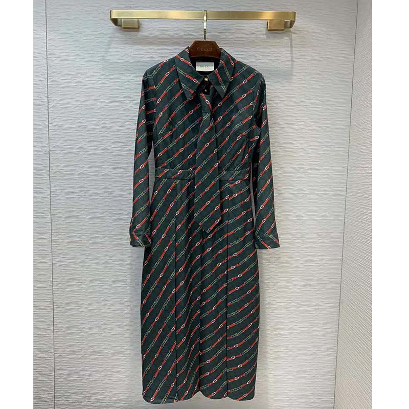 Gucci Women Interlocking G and Belts Print Dress in 100% Silk-Green