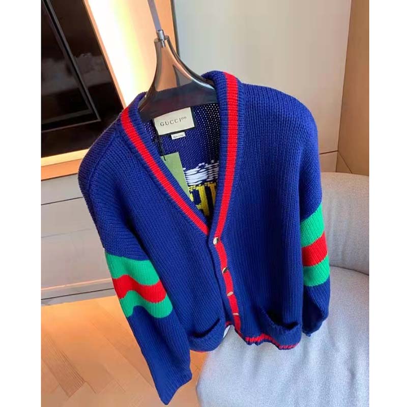 Gucci GG Men Gucci 100 Wool Cardigan Blue Wool Green Red V-Neck