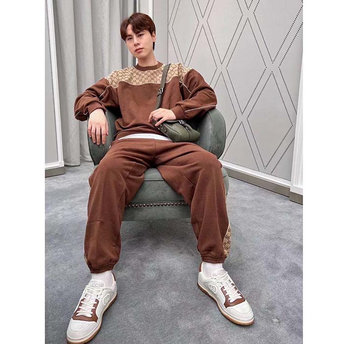 Gucci GG Men Cotton Jersey Sweatshirt GG Canvas Yoke Crewneck Dropped Shoulder Batwing Sleeves