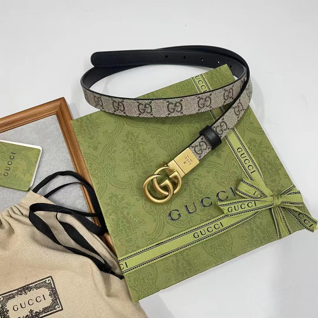 Gucci Unisex Marmont Reversible Thin Belt Black Beige Ebony GG Supreme Canvas