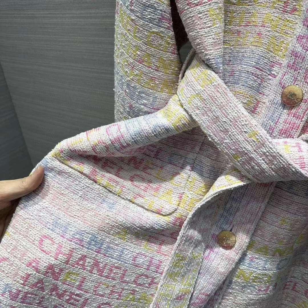 Chanel Women CC Coat Embroidered Cotton Wool Tweed Pink Yellow Ecru Blue Ref. P76296 V68251 NS965
