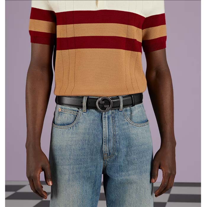 Gucci Unisex Blondie Belt Black Leather Round Interlocking G Buckle Palladium-Toned Hardware 4 CM Width