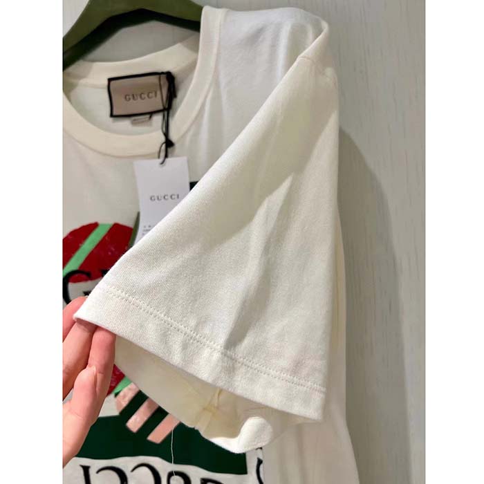 Gucci Men GG Cotton Jersey Printed T-Shirt Off White Cherry Sequin Embroidery