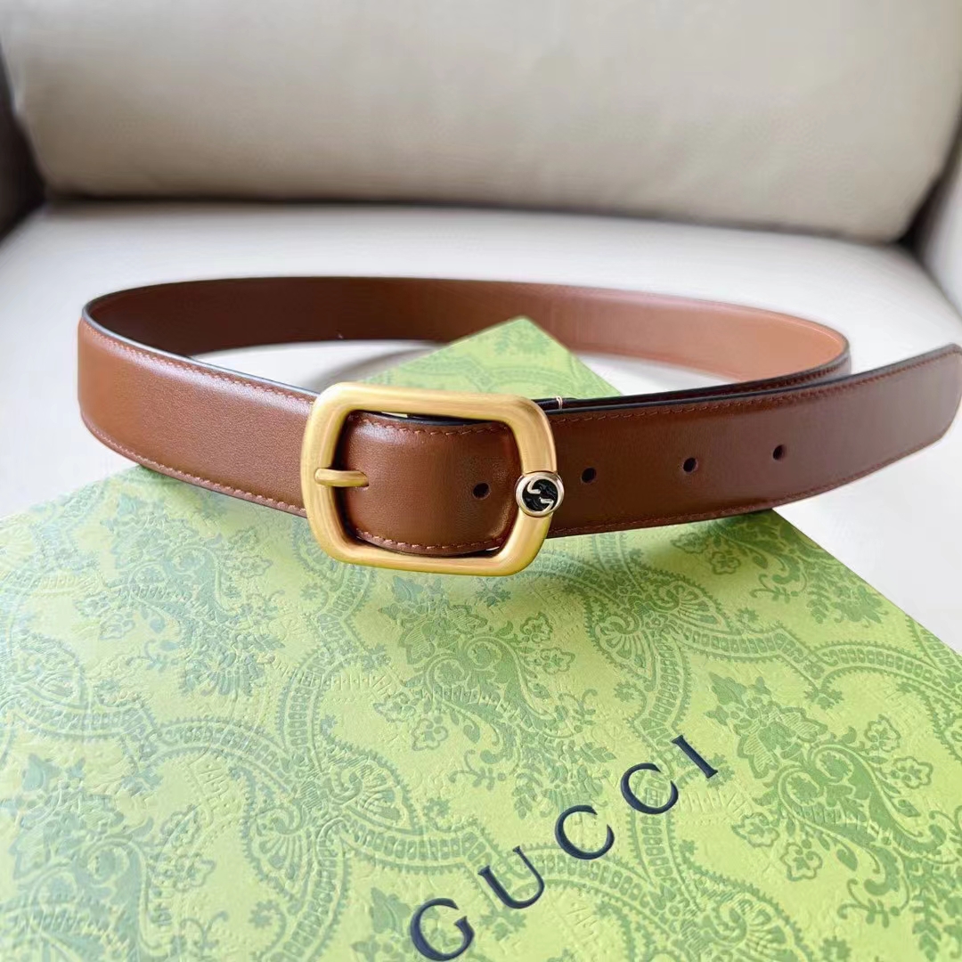 Gucci Unisex GG Belt Rectangular Buckle Cuir Leather Antique Brass Hardware 3 CM Width