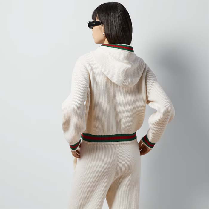 Gucci Women Rib Stitch Wool Cardigan Web Fixed Hood Drawstring Dropped Shoulder Long Sleeves