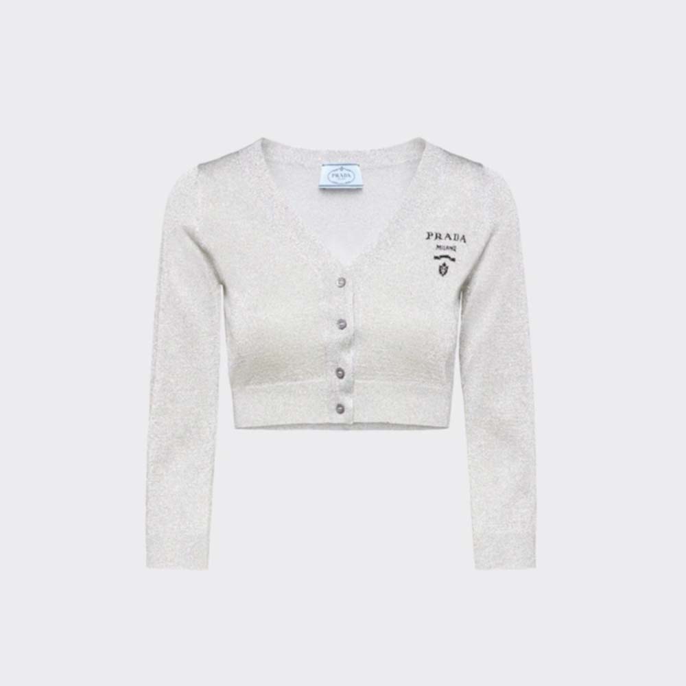 Prada Women Cropped Lurex Cardigan with Intarsia Logo-Silver