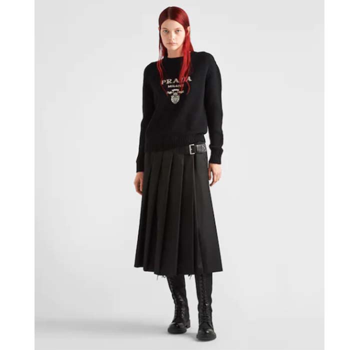 Prada Women Cashmere Wool Prada Logo Crew-Neck Sweater Black Menswear Fit